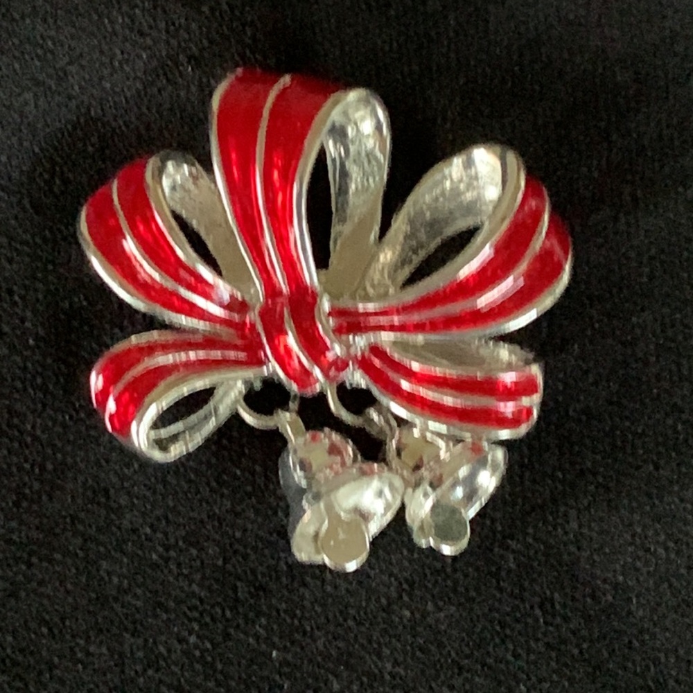 Red Christmas Holiday brooch with bells